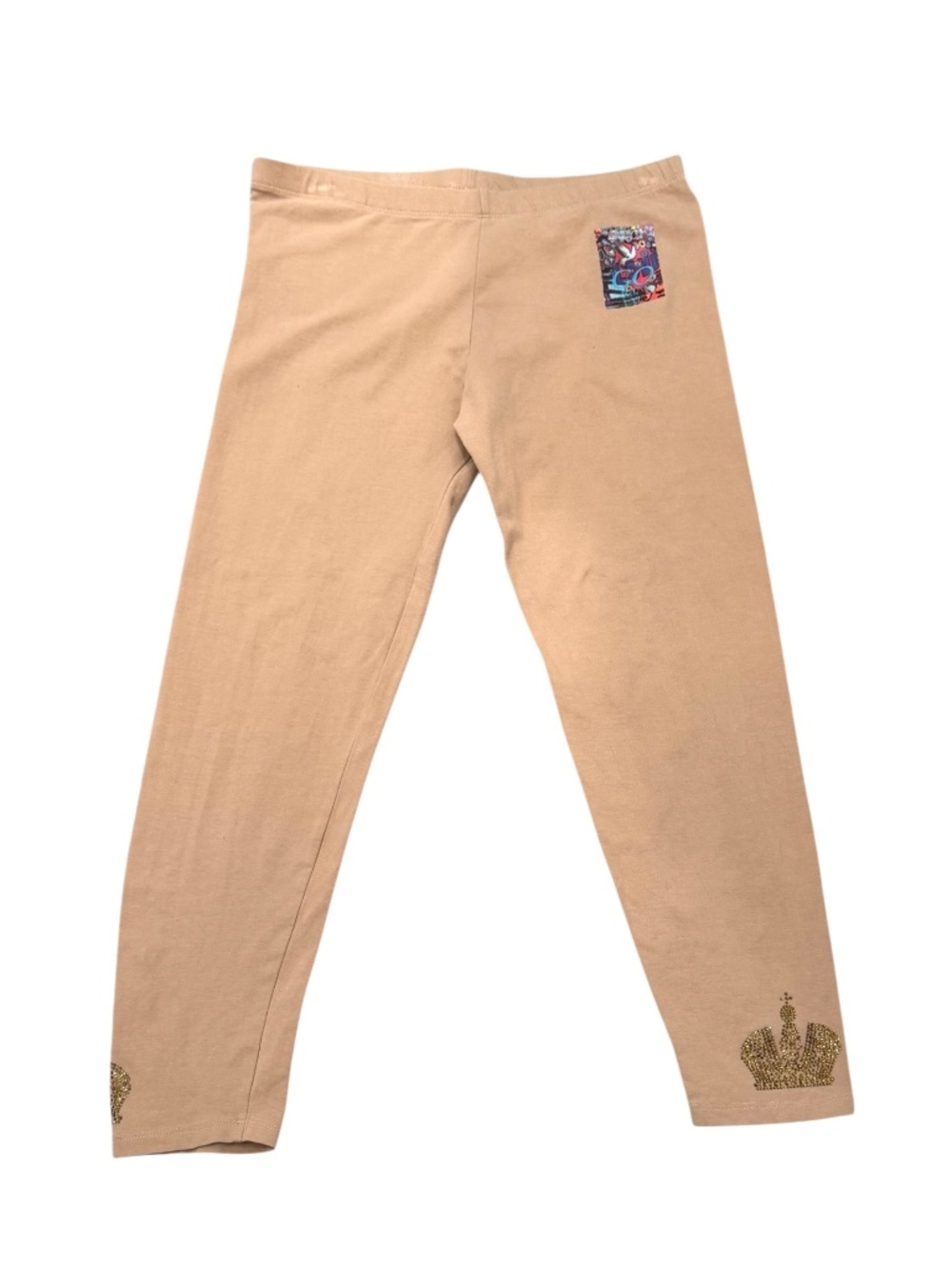 GO JEANS LOS ANGELES BEIGE LEGGINGS WITH CRYSTAL CROWNS ON EACH LEG